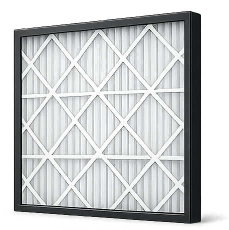 Disposable pleated HVAC filter: white pleats and support lattice in a black frame.