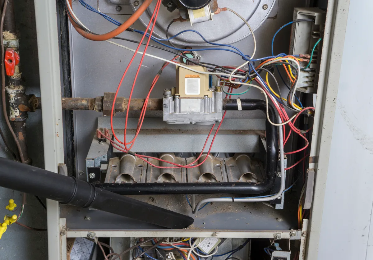 Gas furnace burner and control compartment during an HVAC inspection