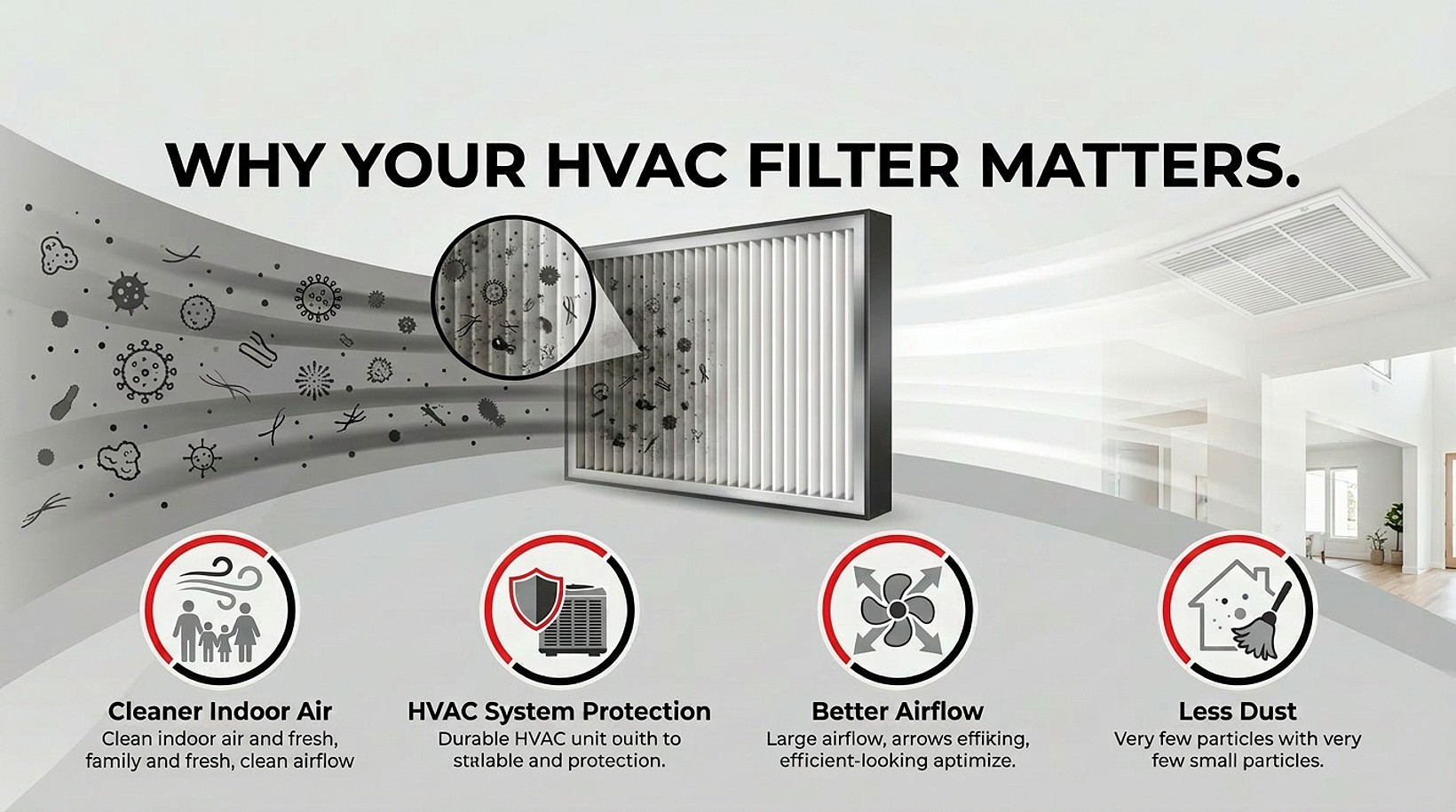 Why your HVAC filter matters: cleaner indoor air, HVAC system protection, better airflow, and less dust.