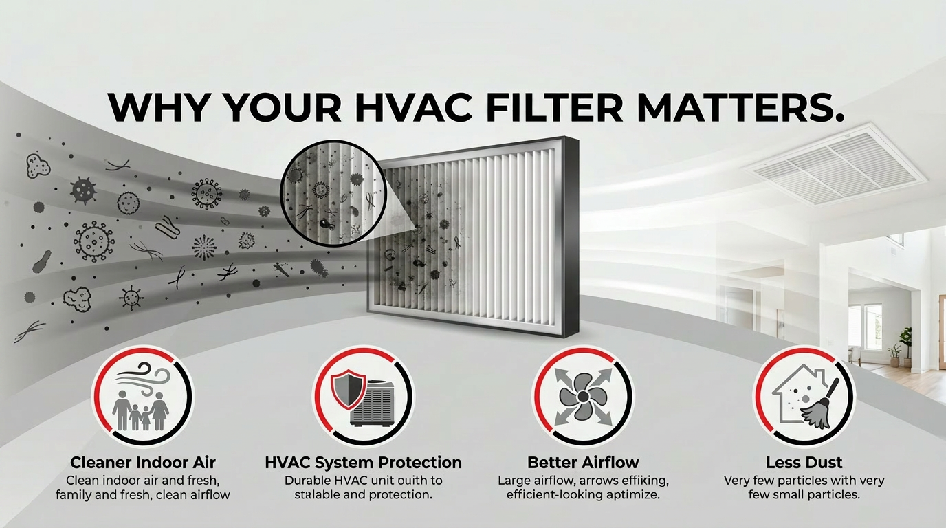 Why your HVAC filter matters: cleaner indoor air, HVAC system protection, better airflow, and less dust.