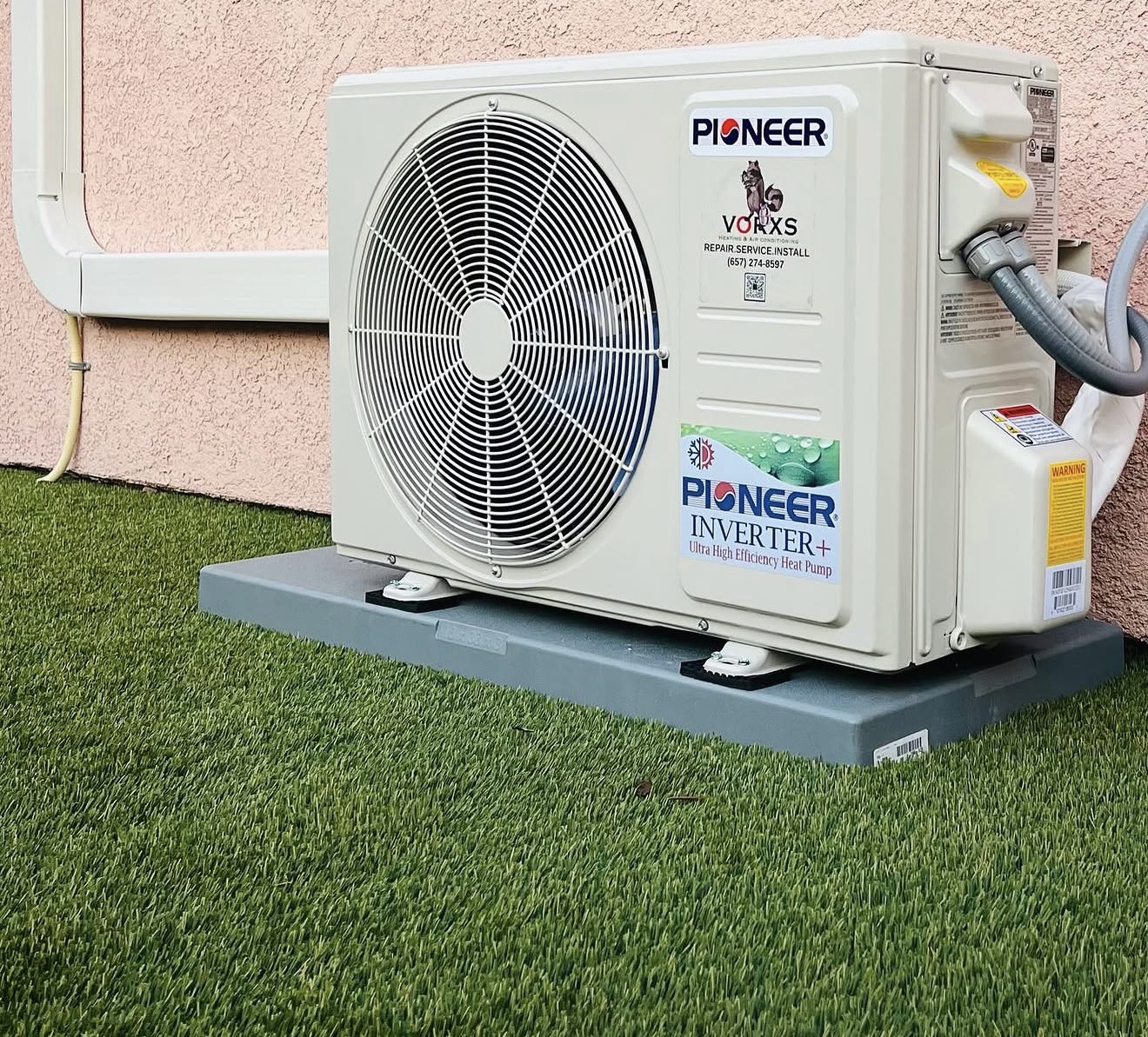 Pioneer ductless mini split outdoor unit with VORXS sticker · Anaheim install