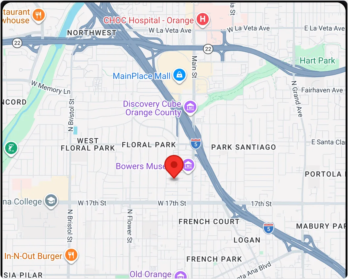 Map of Santa Ana with a pin on the VORXS office at 1912 N Broadway, Suite 104, near the 5 freeway and Main Street