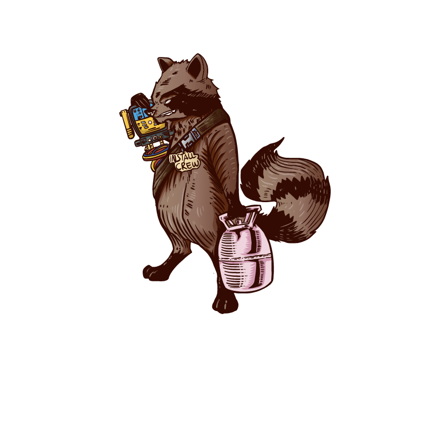 VORXS raccoon mascot in install crew coveralls