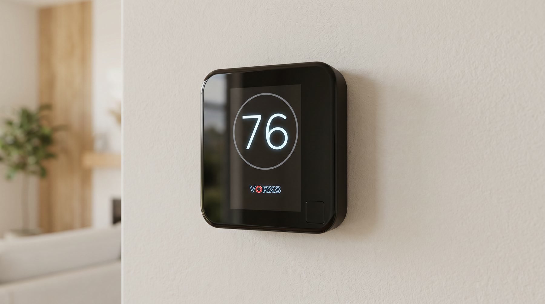 A VORXS-branded smart thermostat set to 76 on an Orange County living room wall